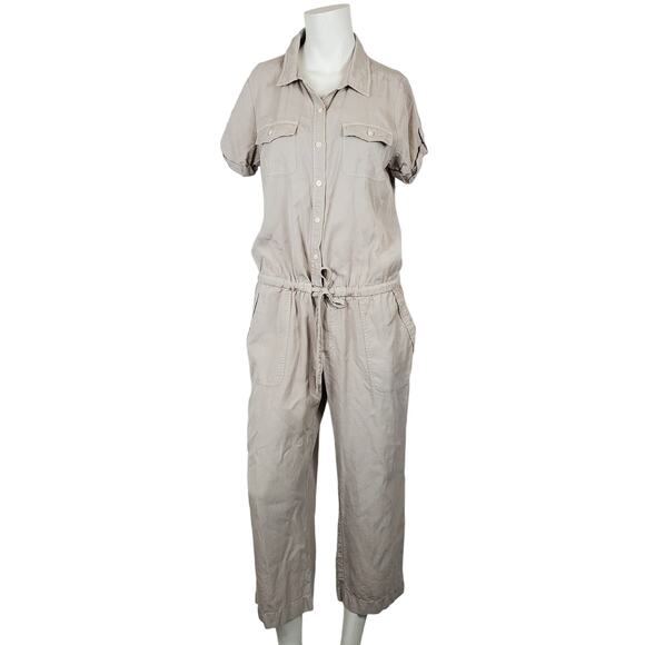 Vineyard Vines Khaki Short Sleeve Button Front Tie Waist Pockets Jumpsuit Size 6 - Picture 1 of 10